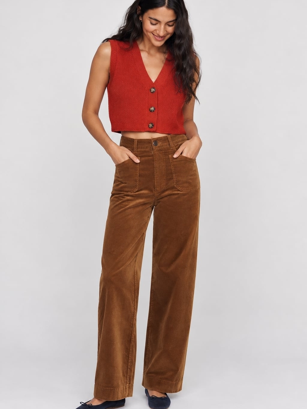 Burnt Orange Rust Red Ribbed Button Cropped Knit Vest Fall Cozy